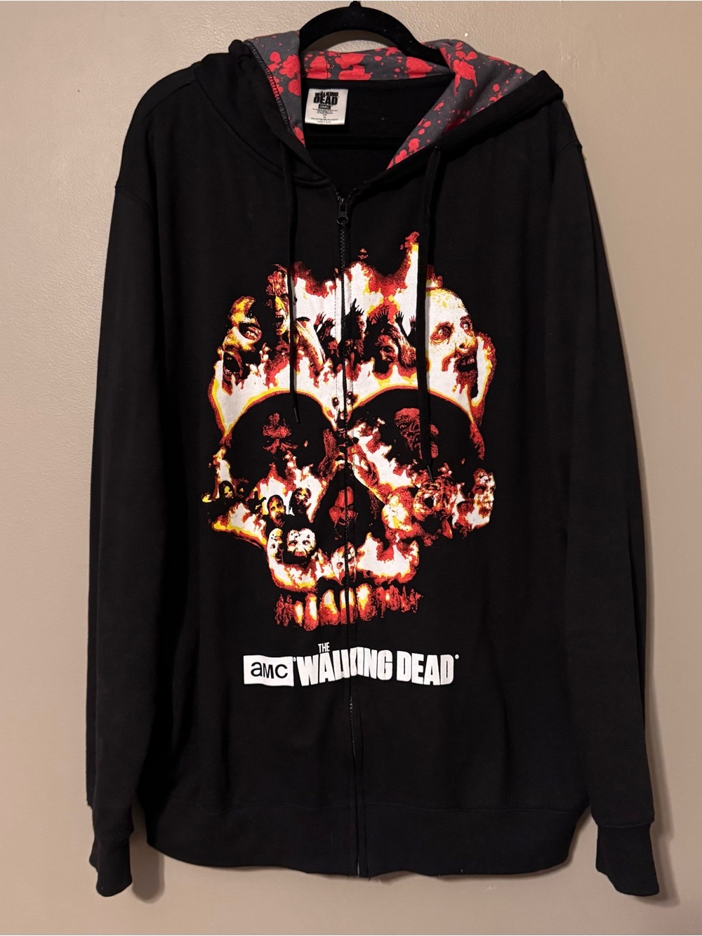 The Walking Dead AMC Zombie Skull Flames Halloween Full Zip Hooded Jacket Men XL